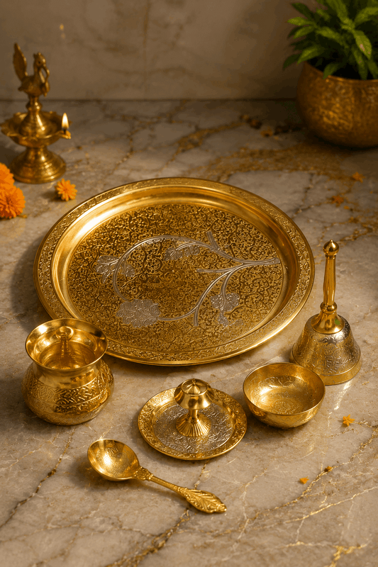 Royal Gold & Silver Pooja Thali Set with Velvet Box by Craft Decor