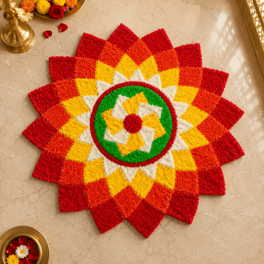 Scarlet Dahlia Chakra Rangoli Mat – 3 Ft Fur Yarn
