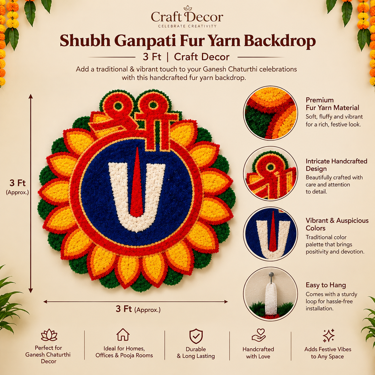 Shubh Ganpati Fur Yarn Backdrop - 3 Ft | Craft Decor