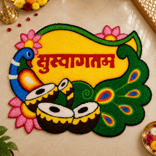 Suswagatam Peacock Kalash Rangoli Mat – 3 Ft Fur Yarn