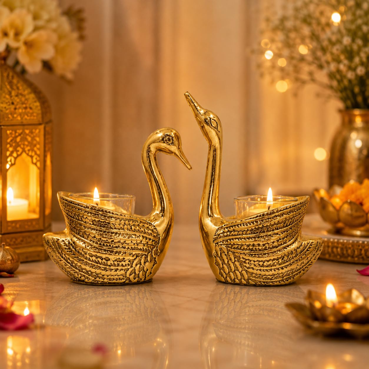Golden Swan Pair Candle Holder Stand – Set of 2