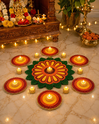 Festive Rangoli Mat with Tea Lights Combo – 21 Pieces