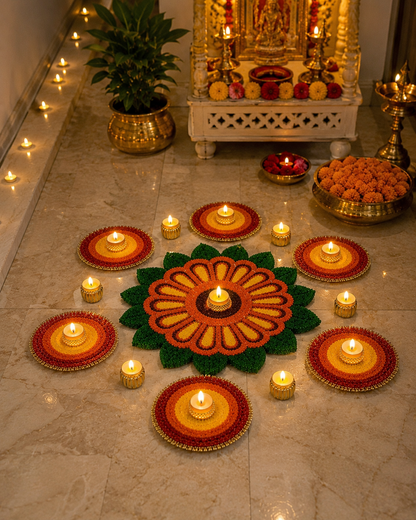 Festive Rangoli Mat with Tea Lights Combo – 21 Pieces