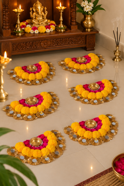 Chaand Bati half-moon tealight mat close-up – yellow outer ring and pink inner ring pom-pom design with tealight centre | Craft Decor