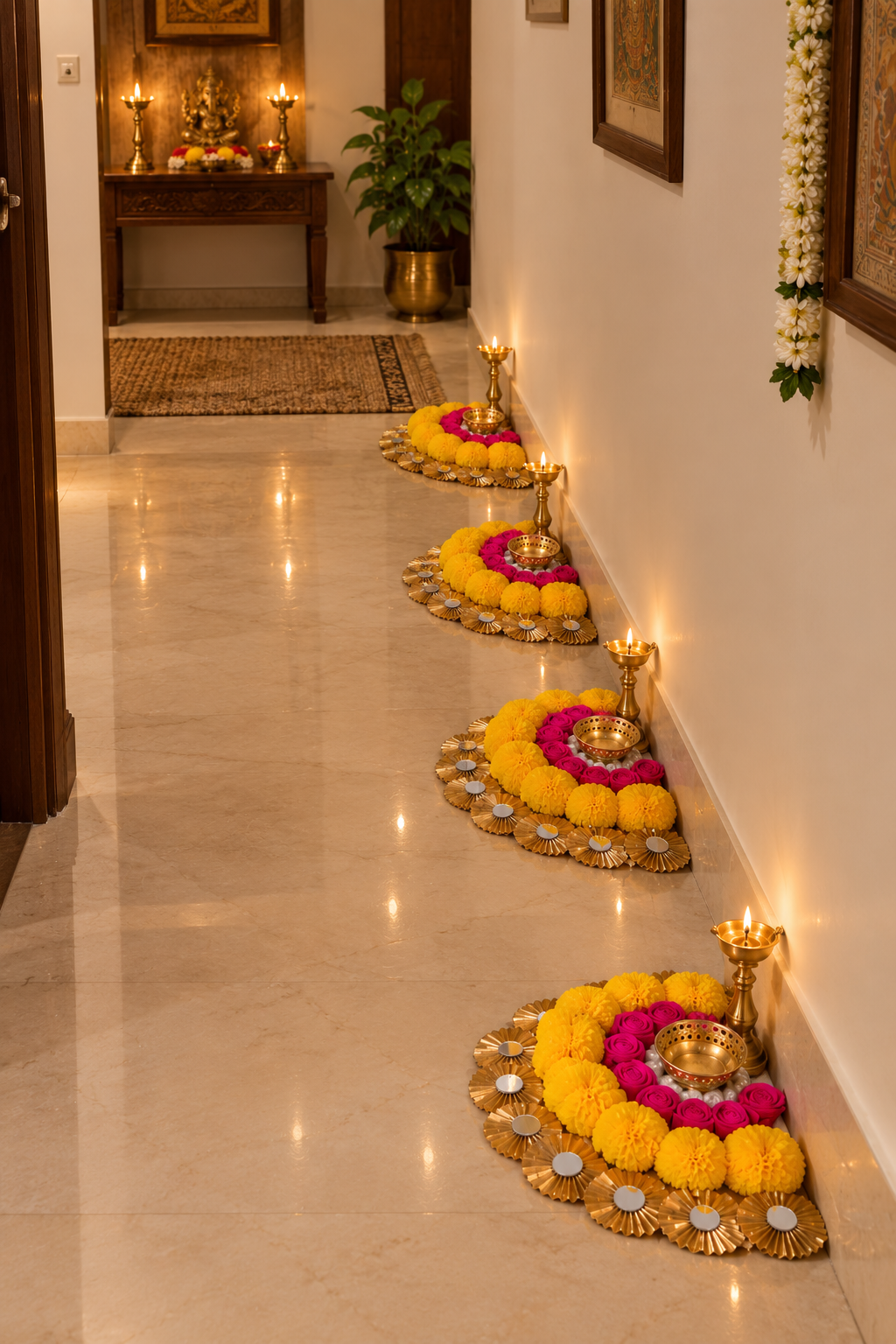 Chaand Bati half-moon pom pom tealight mat set of 8 – lit yellow-pink crescents along corridor wall for Diwali | Craft Decor
