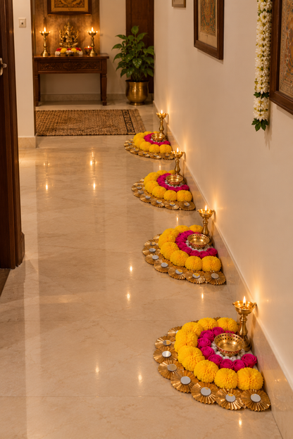 Chaand Bati half-moon pom pom tealight mat set of 8 – lit yellow-pink crescents along corridor wall for Diwali | Craft Decor