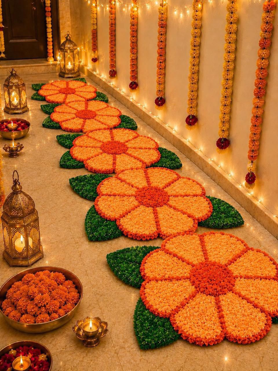 Handcrafted three-petal fur yarn flower mats in marigold orange for Diwali pooja room décor – Craft Decor