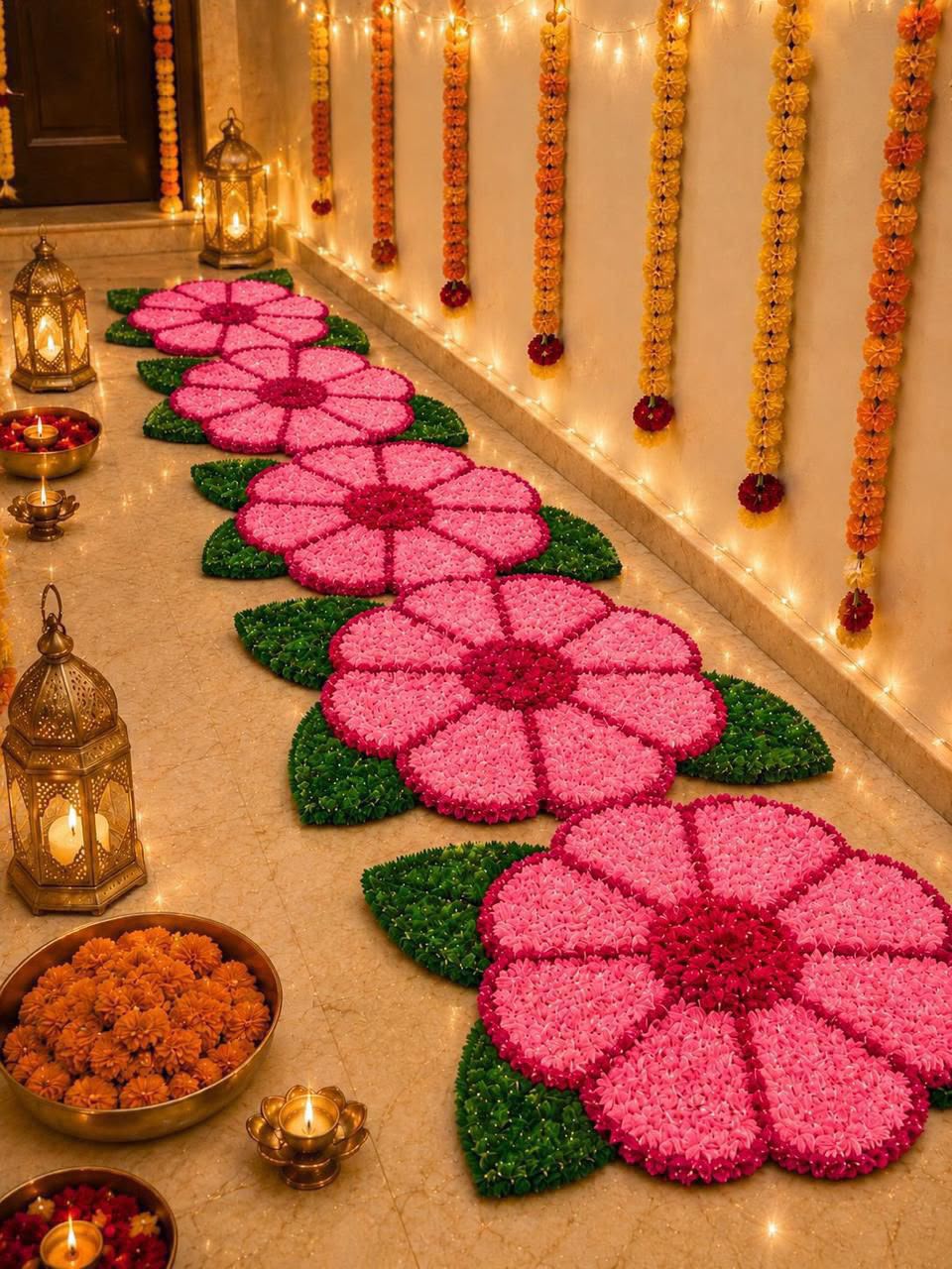 Tripatti Phool fur yarn flower rangoli mat set of 8 in orange arranged on festive floor – Craft Decor