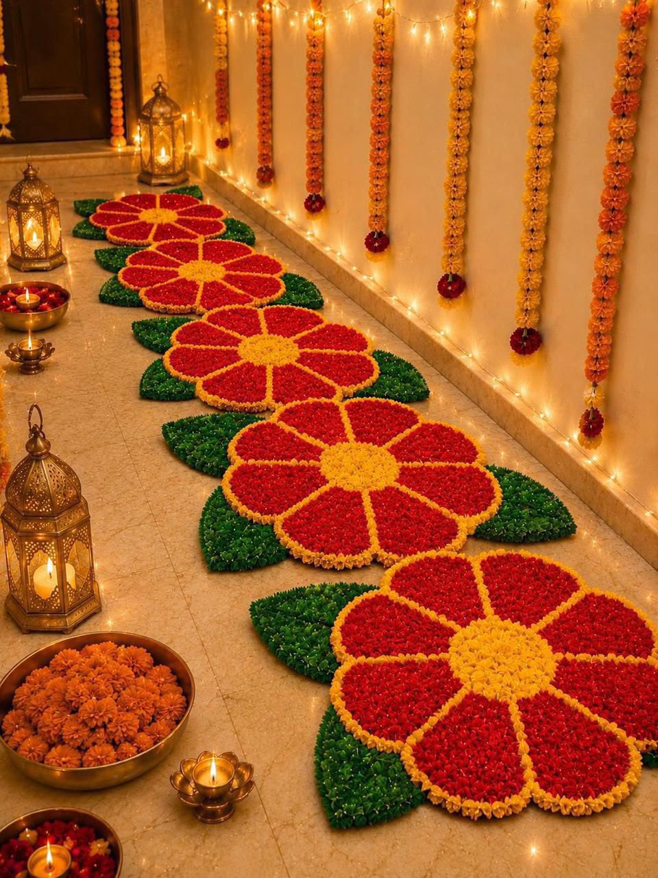 Tripatti Phool flower rangoli mat cluster arrangement for entrance and mandir – Craft Decor