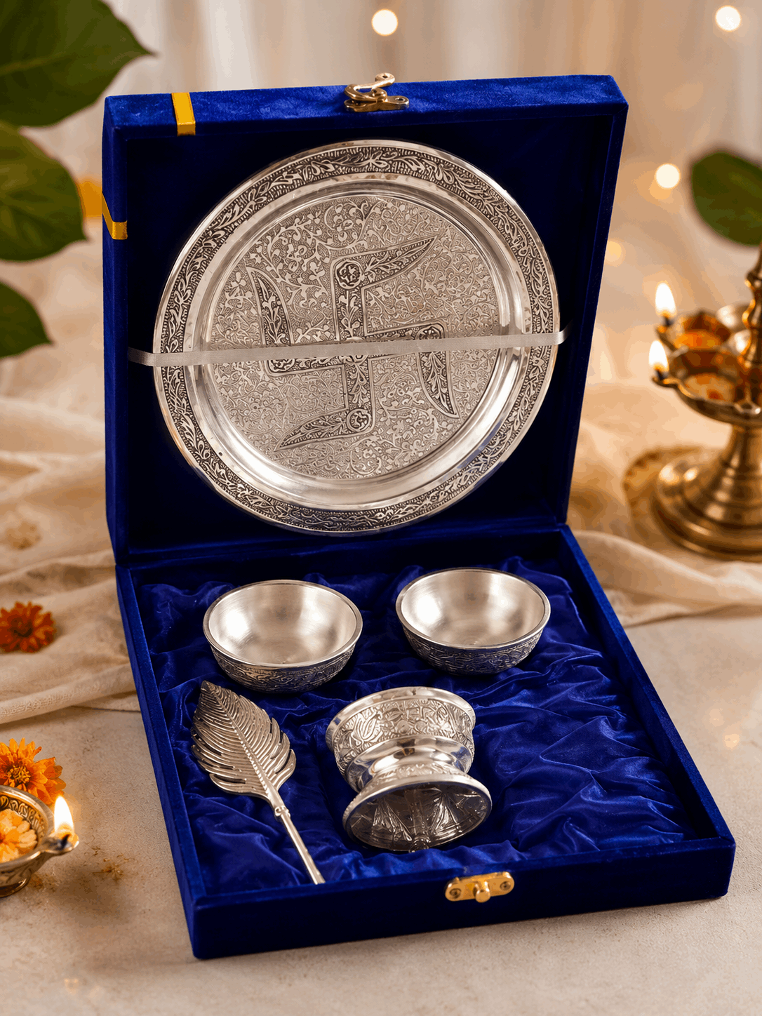 Traditional Silver Pooja Thali Set – 5 Pieces