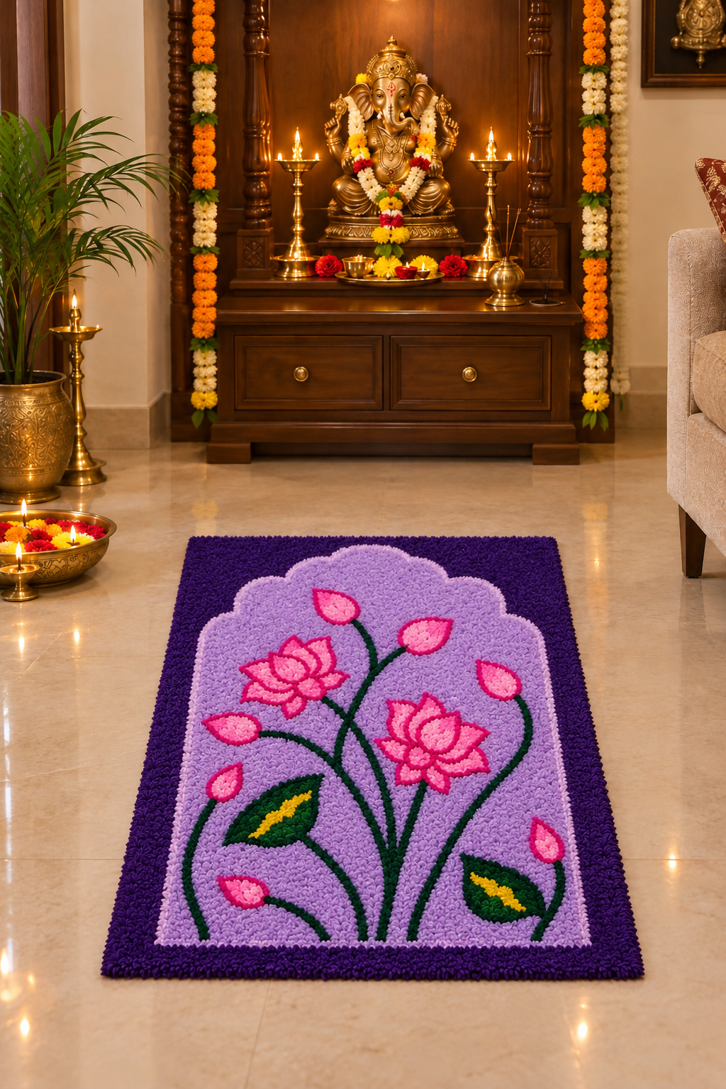 Noor Kamal Arch Rangoli Mat – 3×2 Ft Fur Yarn | Craft Decor