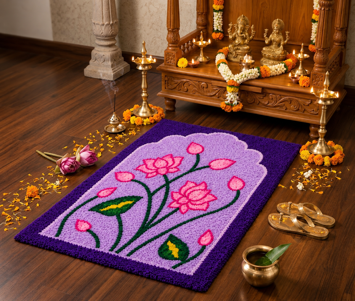 Noor Kamal Arch Rangoli Mat – 3×2 Ft Fur Yarn | Craft Decor