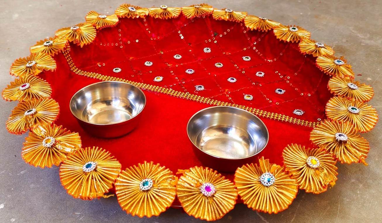 Velvet Pooja Thaali Set with Bowls & Gem Embellishments