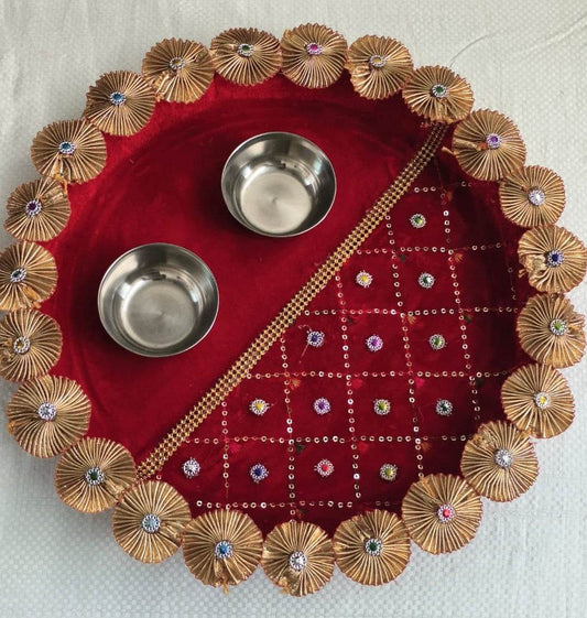 Velvet Pooja Thaali Set with Bowls & Gem Embellishments