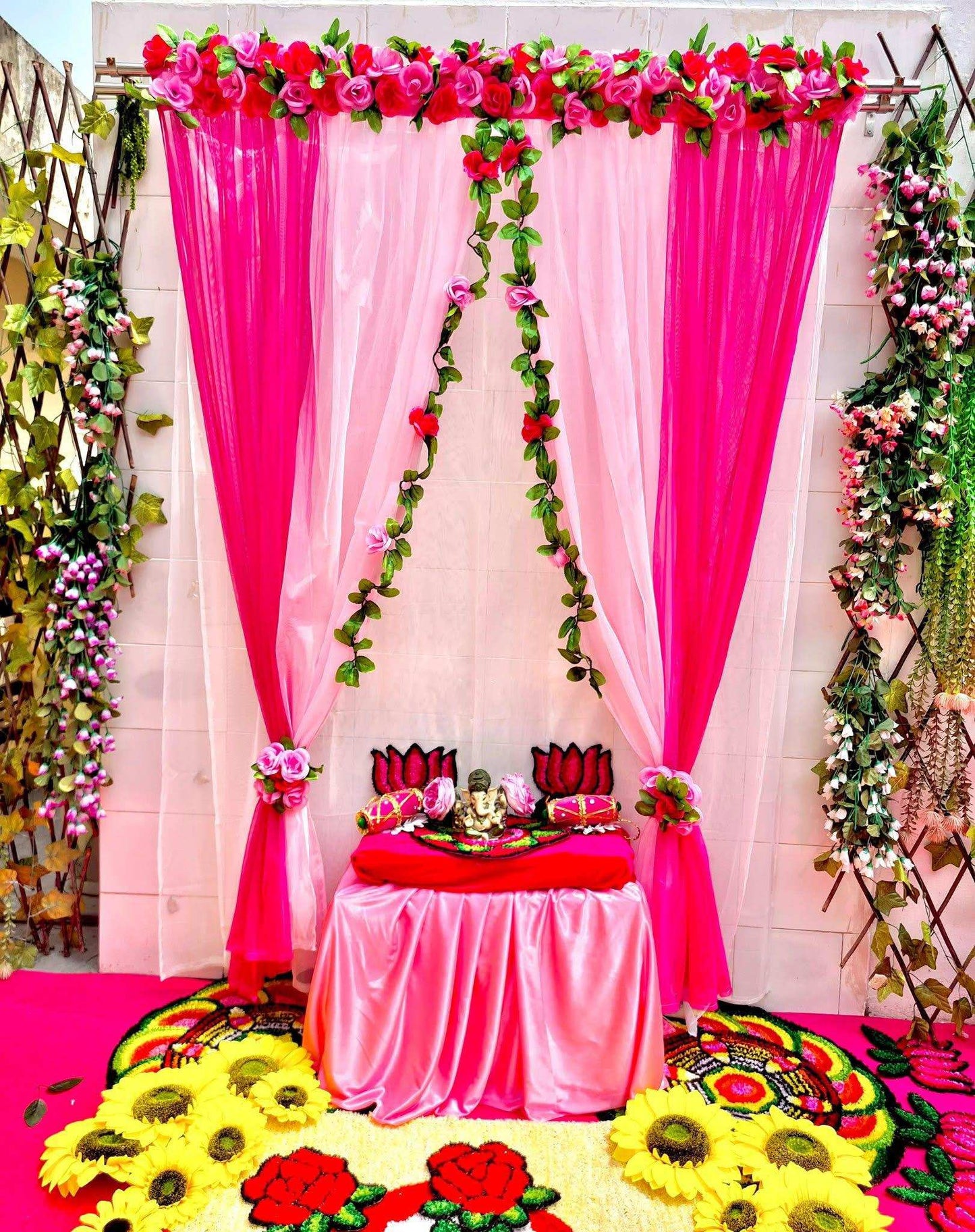 Craft Decor Rose Flower Panel Curtain Backdrop - Magenta (Rani) & Baby Pink