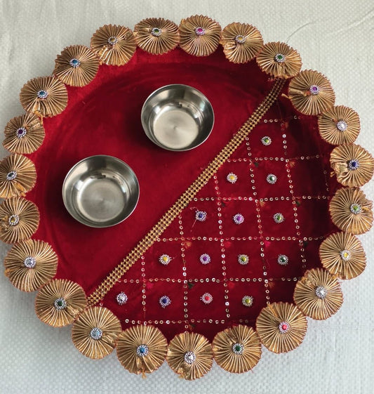 Velvet Pooja Thaali Set with Bowls & Gem Embellishments