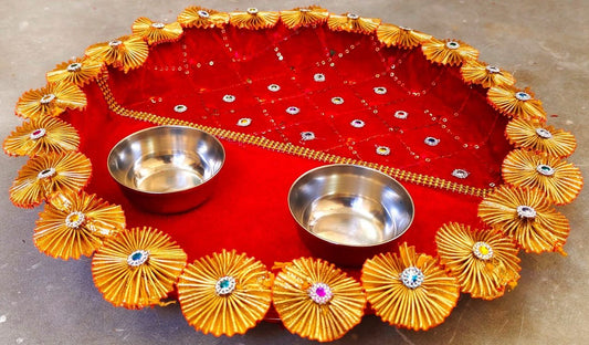 Velvet Pooja Thaali Set with Bowls & Gem Embellishments