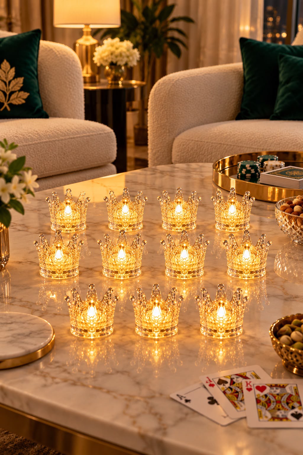Crown-shaped candles box of 12 glowing on a marble table at a Diwali card party – Craft Decor