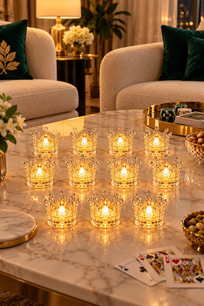 Crown-shaped candles box of 12 glowing on a marble table at a Diwali card party – Craft Decor