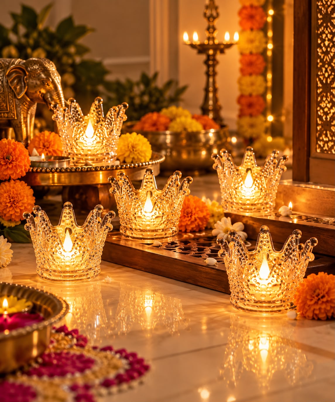 Crown candles close-up with diyas and marigold flowers for Diwali décor – Craft Decor