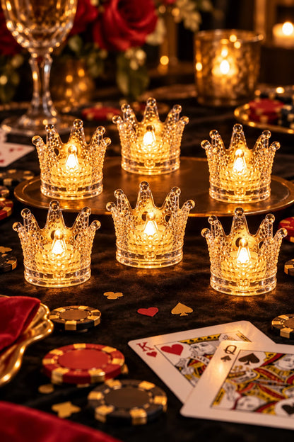 Crown-shaped candles lit on a festive table with playing cards and flowers – Craft Decor