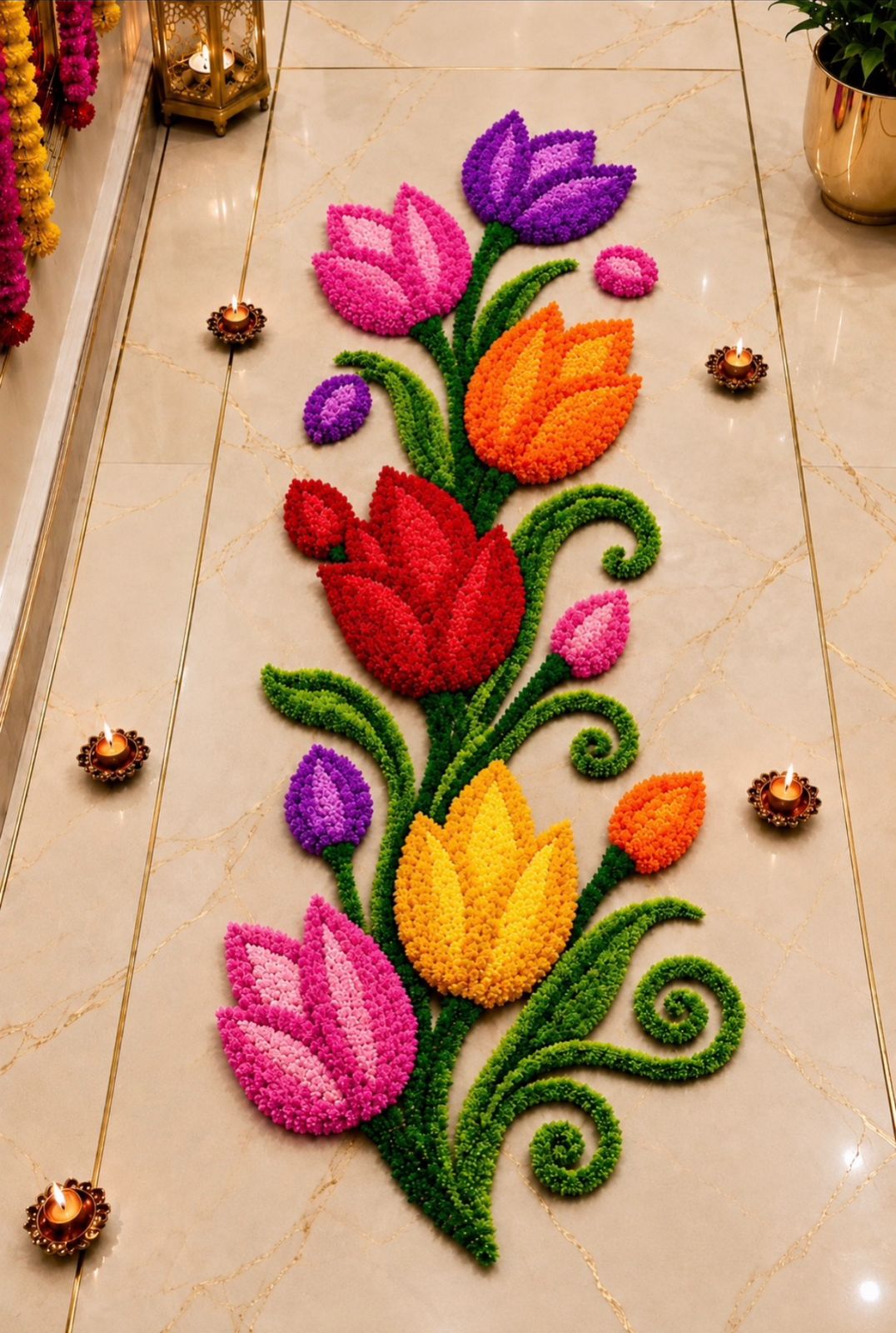 Floral Tulip Trail Rangoli Mat - 3 Ft | Craft Decor