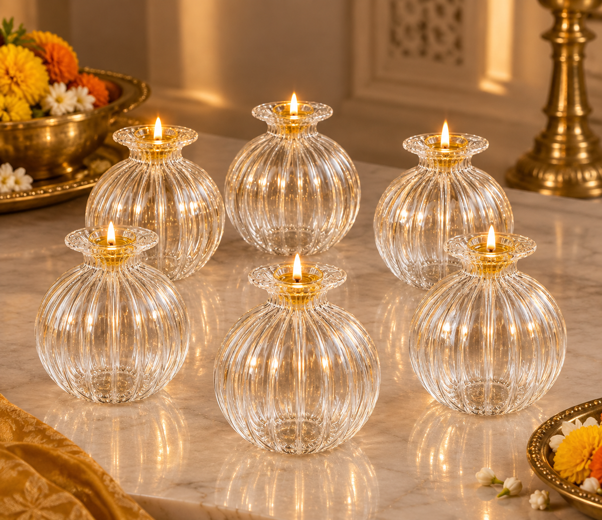 Kaanch Modak – Borosilicate Glass Diya Set | Set of 6 | Craft Decor