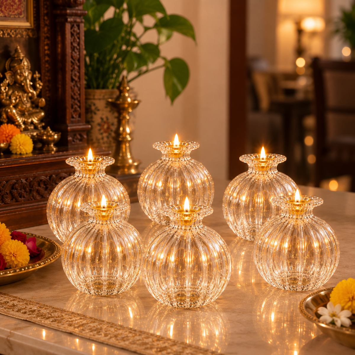 Kaanch Modak – Borosilicate Glass Diya Set | Set of 6 | Craft Decor