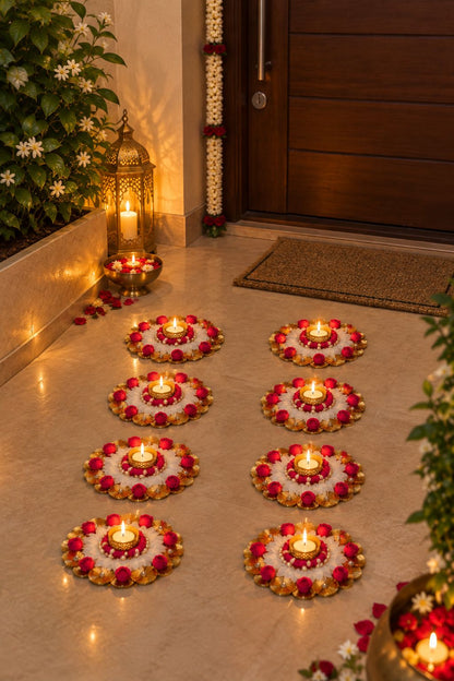Guldeep set of 8 lit floral diya mats on floor – red white petal rangoli with burning diya for Lakshmi puja and Navratri | Craft Decor