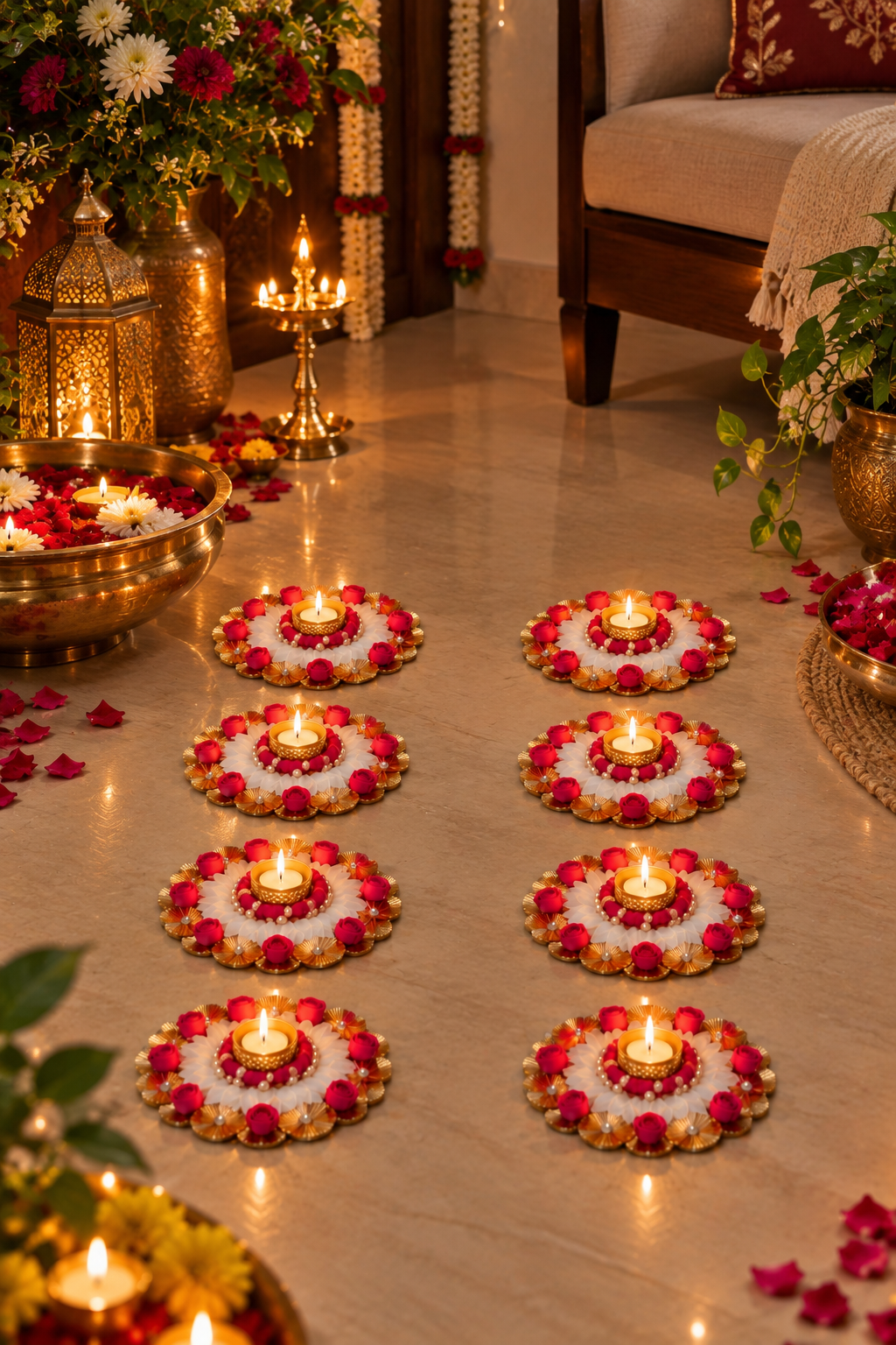 Guldeep floral diya mats arranged in cluster – 8 full-circle flower diya holders with integrated centre for clay diya | Craft Decor