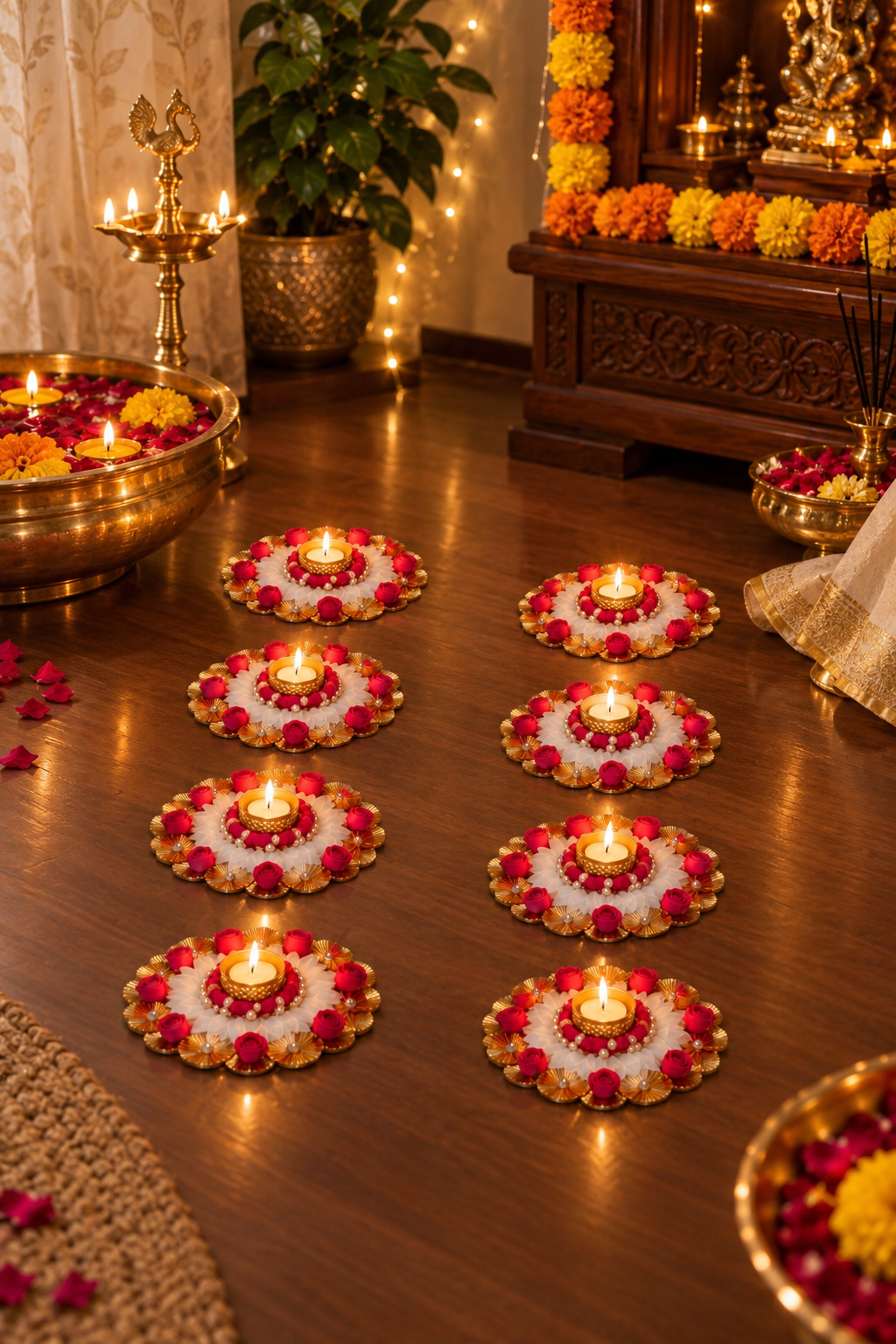 Guldeep floral diya mat set of 8 – red and white petal circles with lit diyas scattered across dark living room floor for Diwali | Craft Decor