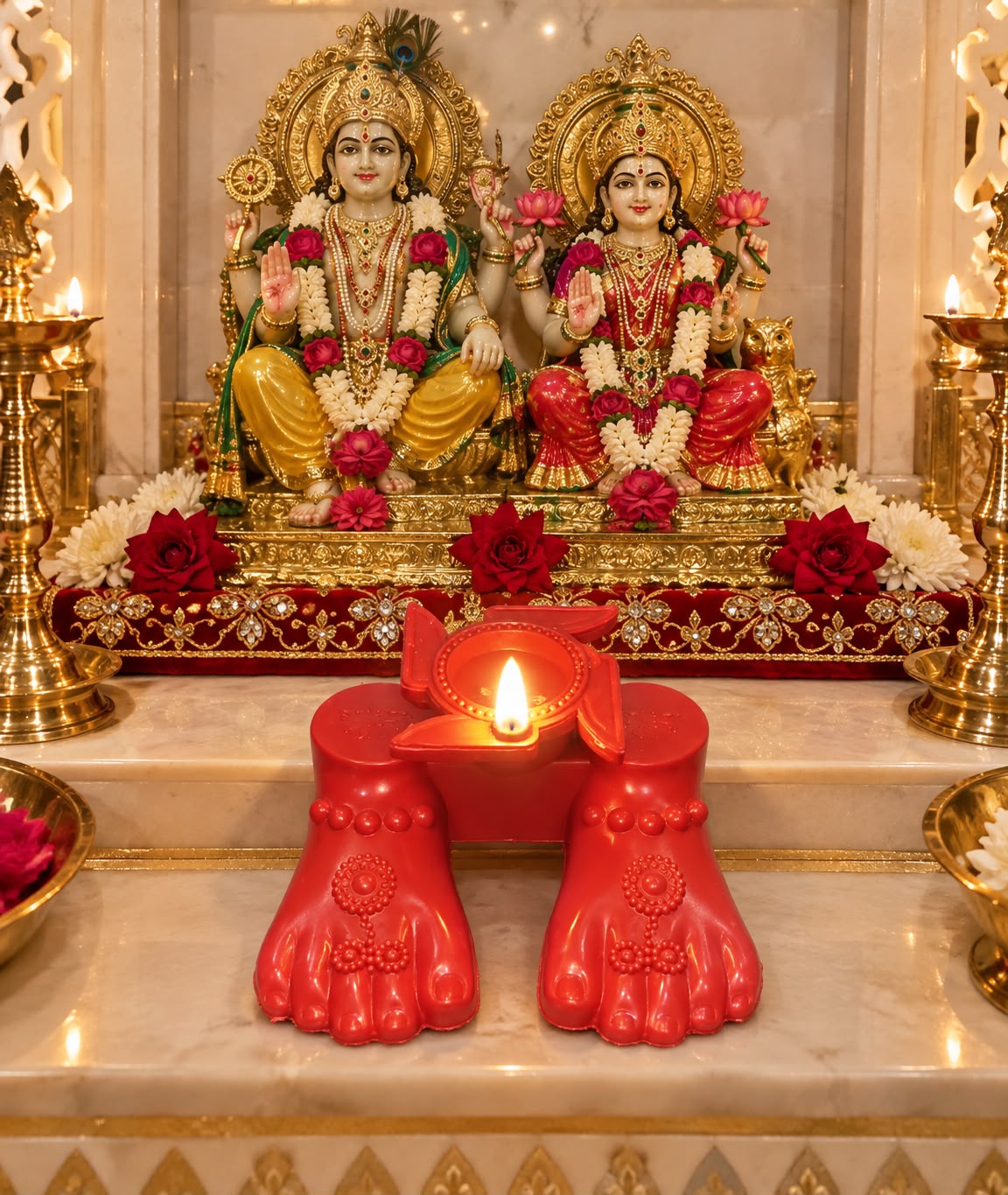 Jal Jyoti Lakshmi Charan diya set arranged at home mandir with Ganesha idol – Diwali puja setup | Craft Decor