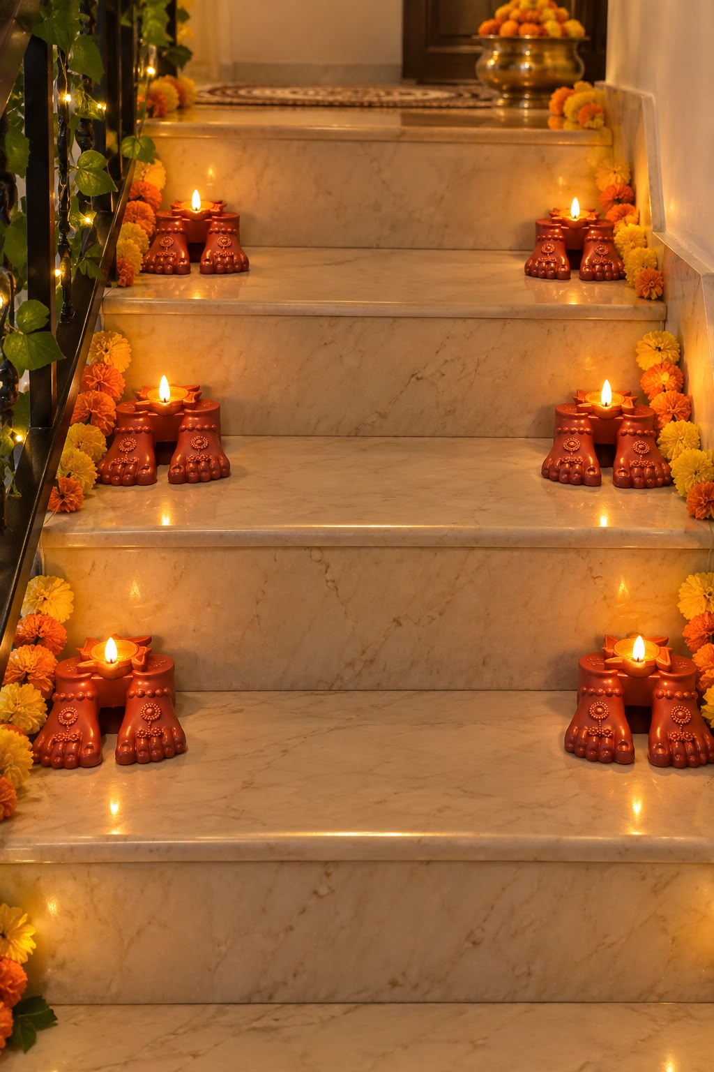 Jal Jyoti Lakshmi Charan sacred footprint diyas glowing on Diwali staircase steps – Set of 12 | Craft Decor