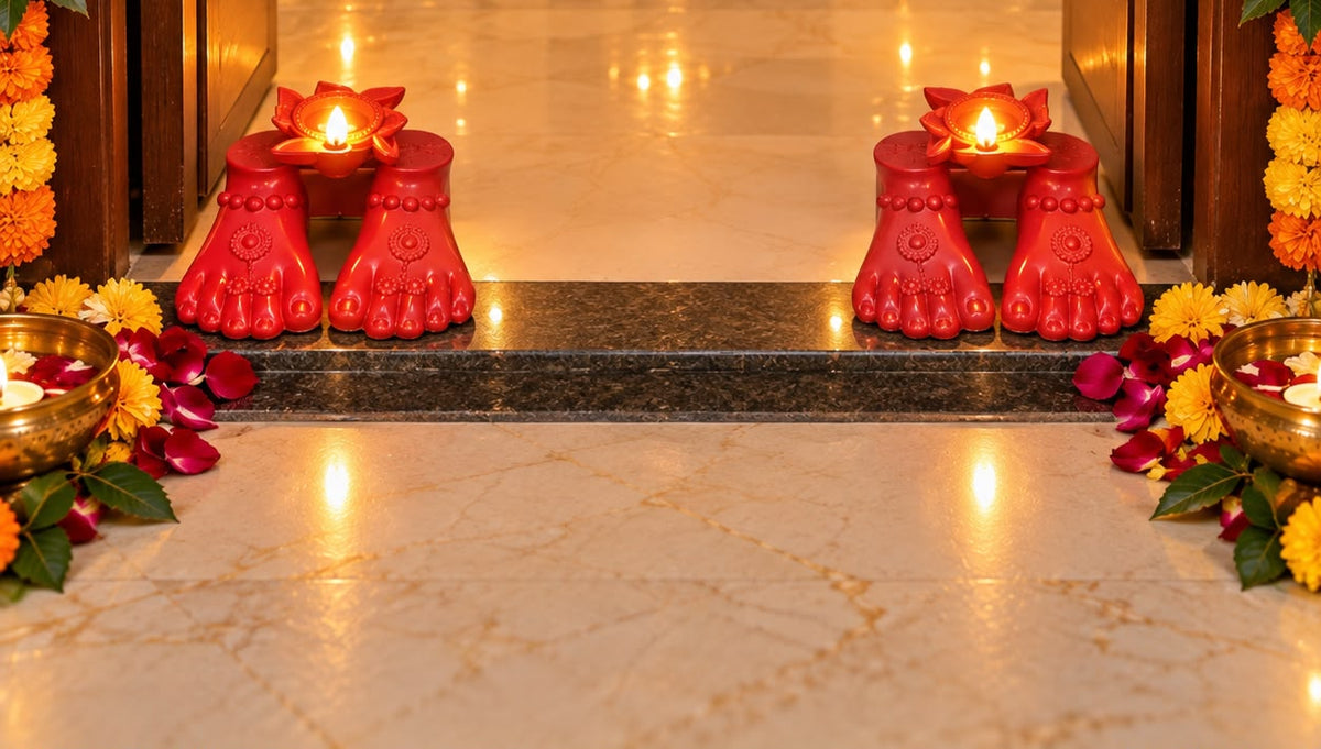 Close-up of Lakshmi Charan water-activated footprint diya – sacred Diwali lamp | Craft Decor