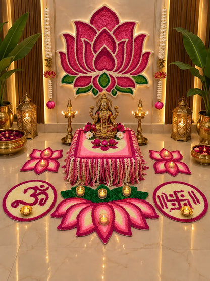 Kamal Mandap complete lotus mandir set – 7-piece hot pink lotus backdrop, chowki aasan and floor mats with Lakshmi-Narayan murti | Craft Decor