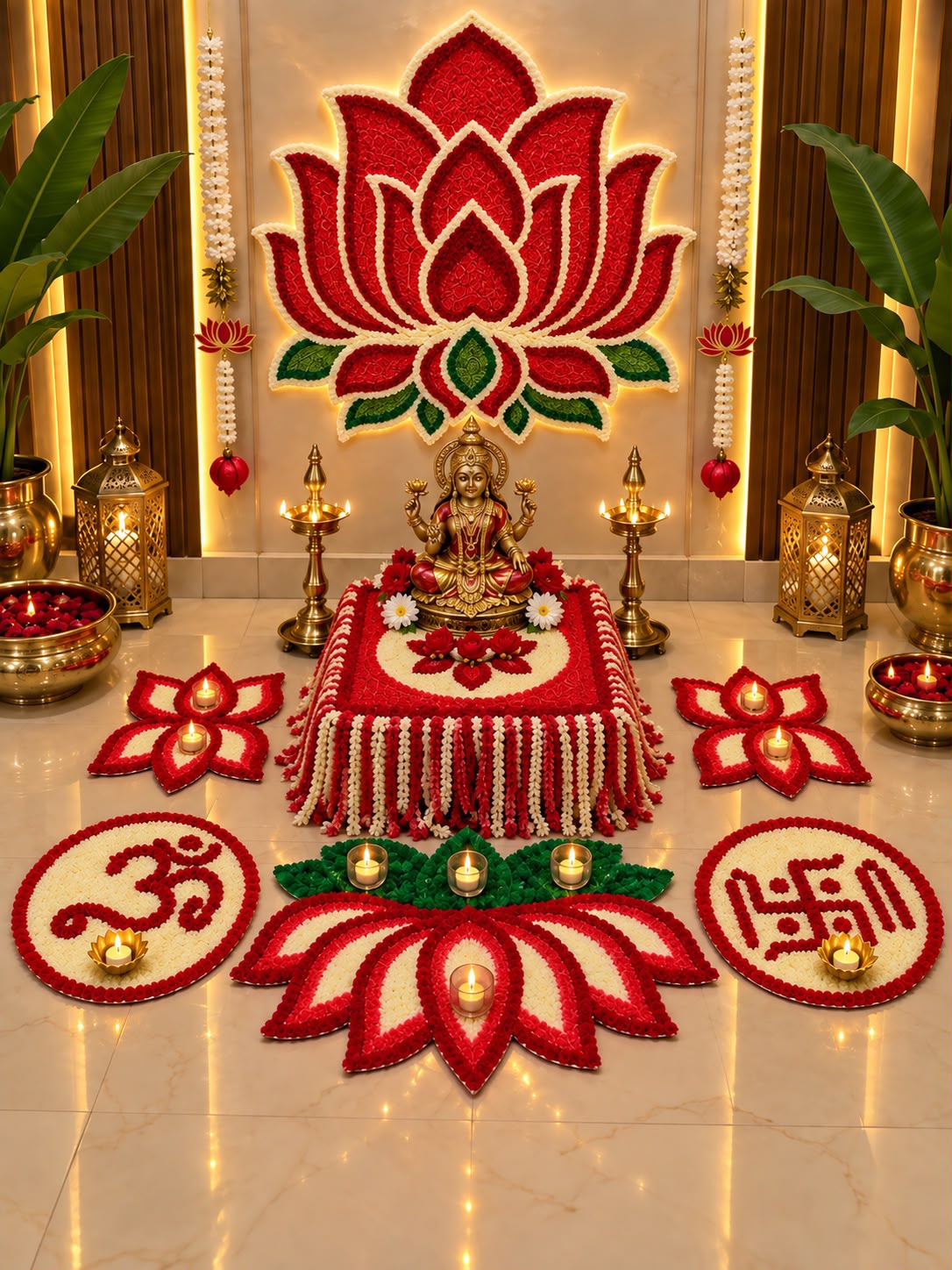 Kamal Mandap 7-piece mandir set full layout – lotus backdrop wall mat, chowki cover and three-lotus Om floor arrangement | Craft Decor