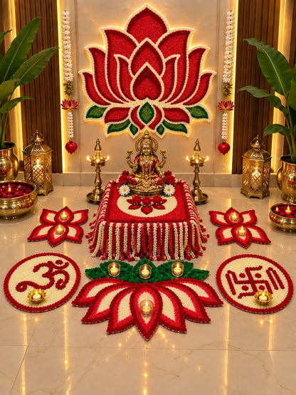 Kamal Mandap 7-piece mandir set full layout – lotus backdrop wall mat, chowki cover and three-lotus Om floor arrangement | Craft Decor
