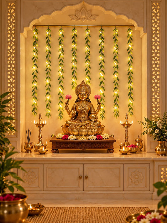 Leaf LED curtain string light as a glowing backdrop behind a home mandir deity idol – Craft Decor
