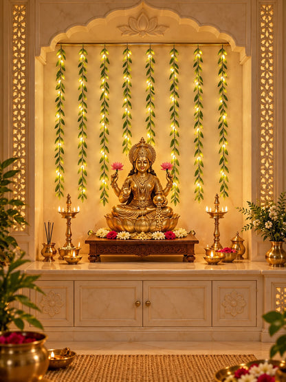 Leaf LED curtain string light as a glowing backdrop behind a home mandir deity idol – Craft Decor