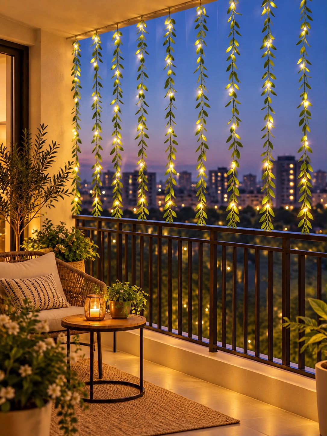 Leaf LED curtain string light 10×3 ft with warm-white LEDs hanging on a balcony at night – Craft Decor