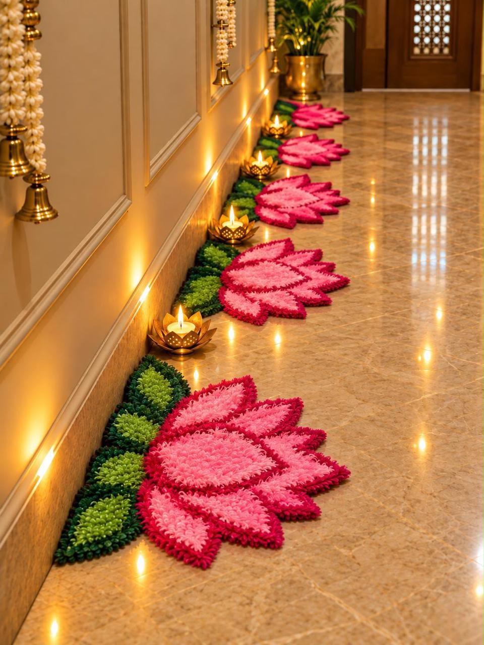 Magenta lotus rangoli mat close-up – soft feather yarn with green leaves, 12 inch – Craft Decor