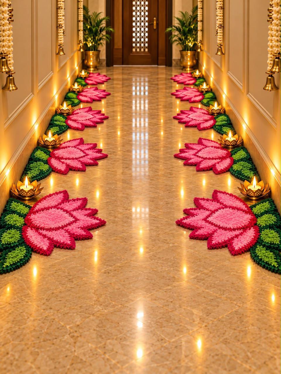 Lotus Rangoli Mat Set of 8 in Magenta feather yarn arranged on both sides of an entrance corridor with tealights – Craft Decor