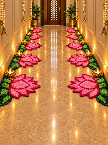 Lotus Rangoli Mat Set of 8 in Magenta feather yarn arranged on both sides of an entrance corridor with tealights – Craft Decor