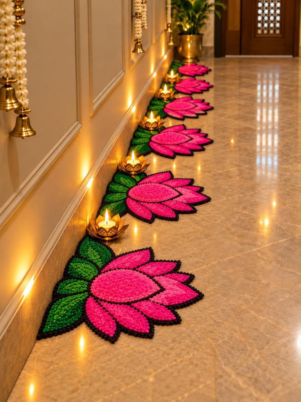 Lotus Rangoli Mat Set of 8 in Soft Pink feather yarn placed along an entrance corridor for Diwali – Craft Decor