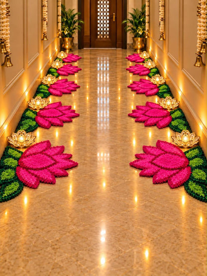 Soft Pink lotus rangoli mat close-up – plush washable feather yarn texture, 12 inch – Craft Decor