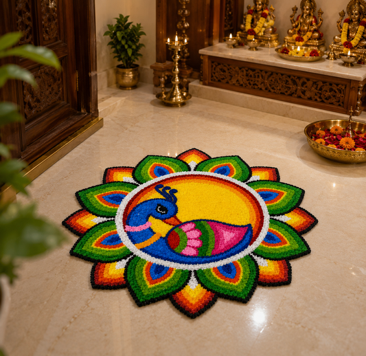Peacock face medallion rangoli mat 3 Ft fur yarn – Craft Decor