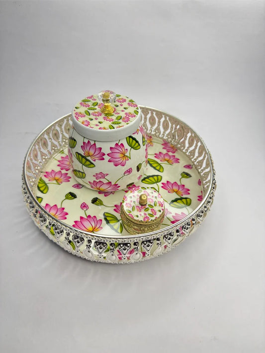 Pichwai Themed Silver Round Tray with Jar & Kum Kum Box