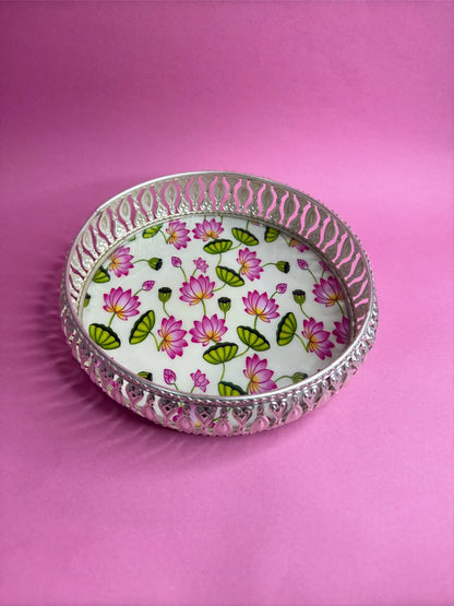 Pichwai Themed Silver Round Tray with Jar & Kum Kum Box