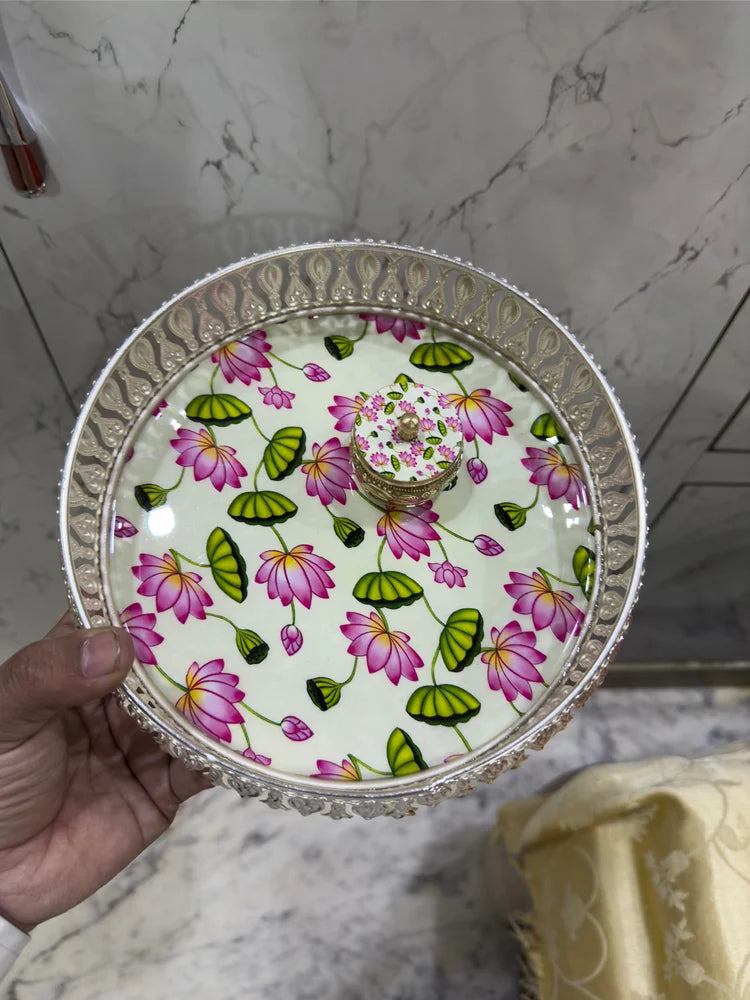 Pichwai Themed Silver Round Tray with Jar & Kum Kum Box