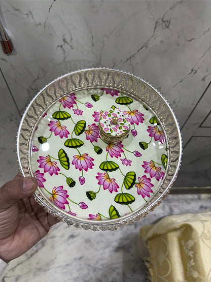 Pichwai Themed Silver Round Tray with Jar & Kum Kum Box